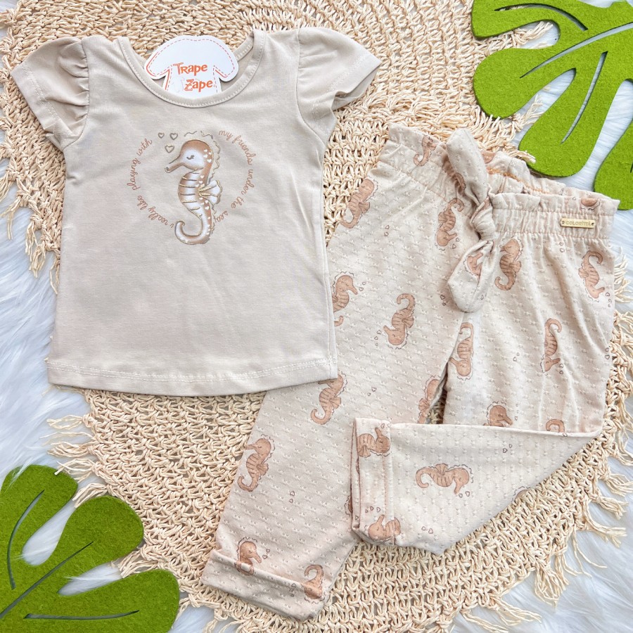 Conj. Blusa Cavalo Marinho e Calça Pantacourt - Areia